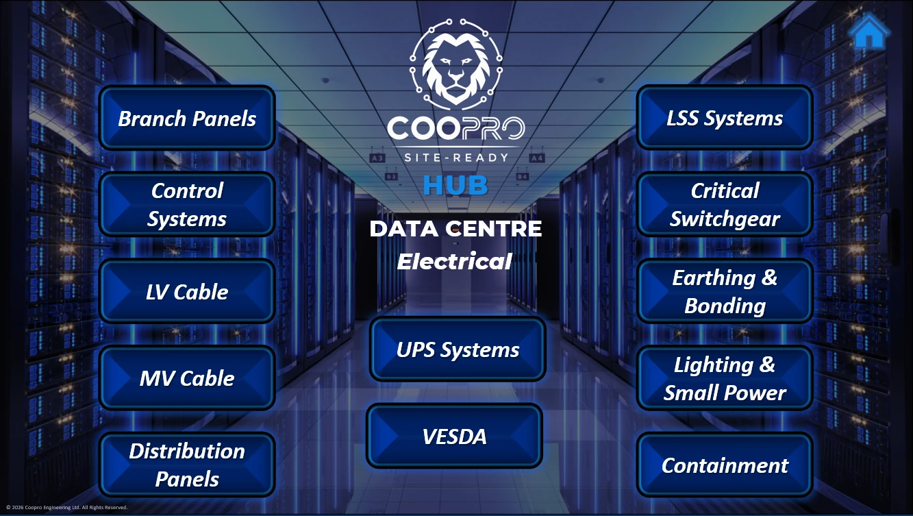 Data Centre Electrical module-selection screen on the COOPRO HUB