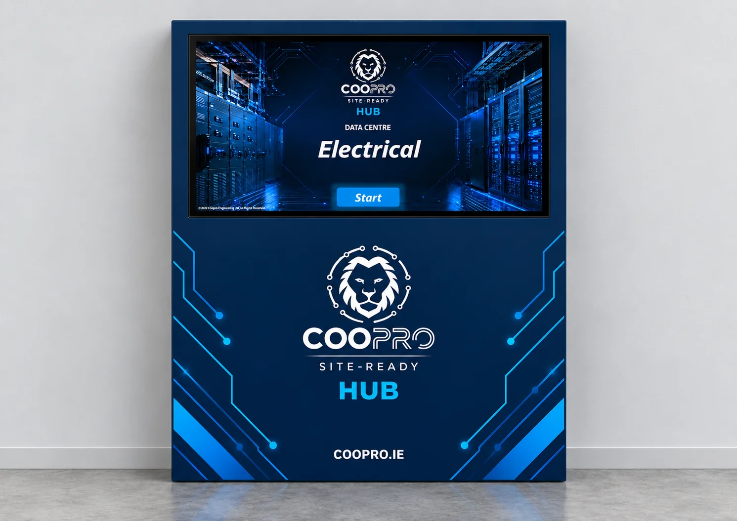 COOPRO Wall Frame HUB, a floor-supported branded frame positioned against a wall